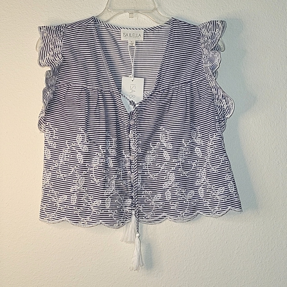 ISA & ELLA Eyelet Striped Peasant Cropped Shirt, 100% Cotton, S, White/Blue, NWT